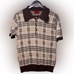 Vintage 60s Sears Kings Road Knit Polo Shirt Dagger Collar Brown Plaid Medium